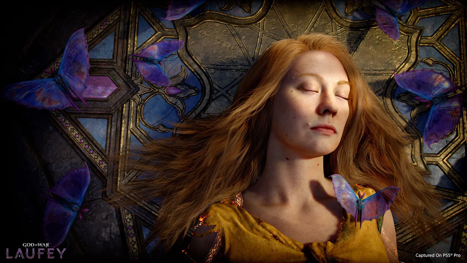 Laufey lies with closed eyes against ornate gold and blue carved surroundings as purple butterflies drift around her