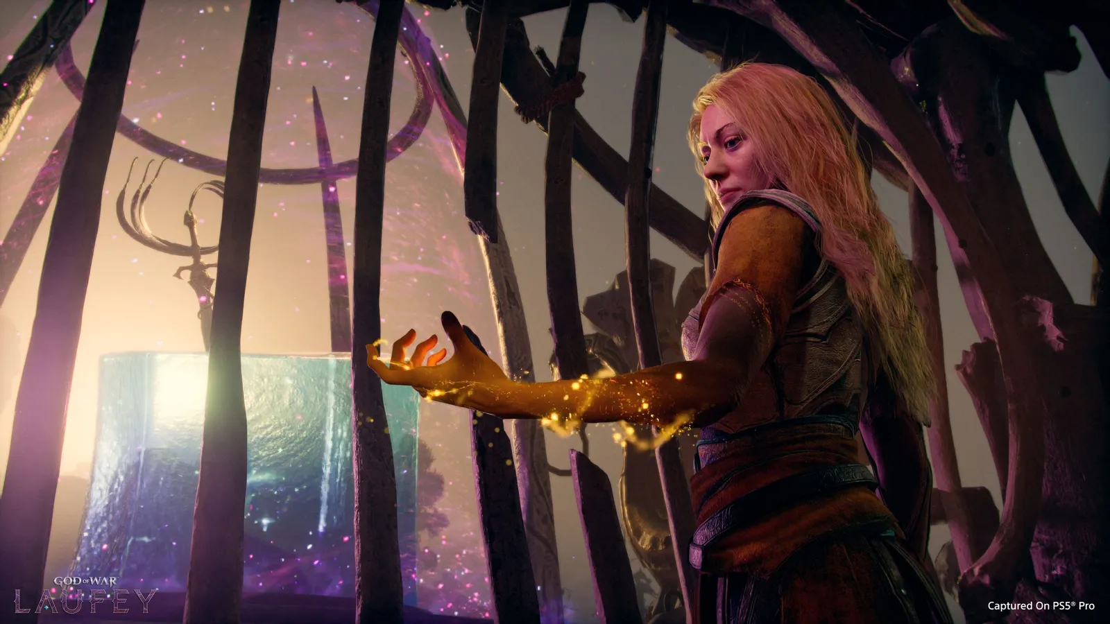 Faye with golden sparks trailing from her outstretched hand stands before a luminous teal monolith in a hazy purple-lit realm