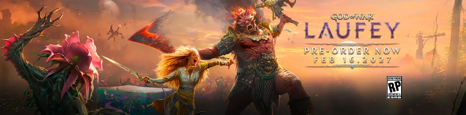 Official pre-order key art showing Faye swinging her glowing sword against a giant red-haired ogre